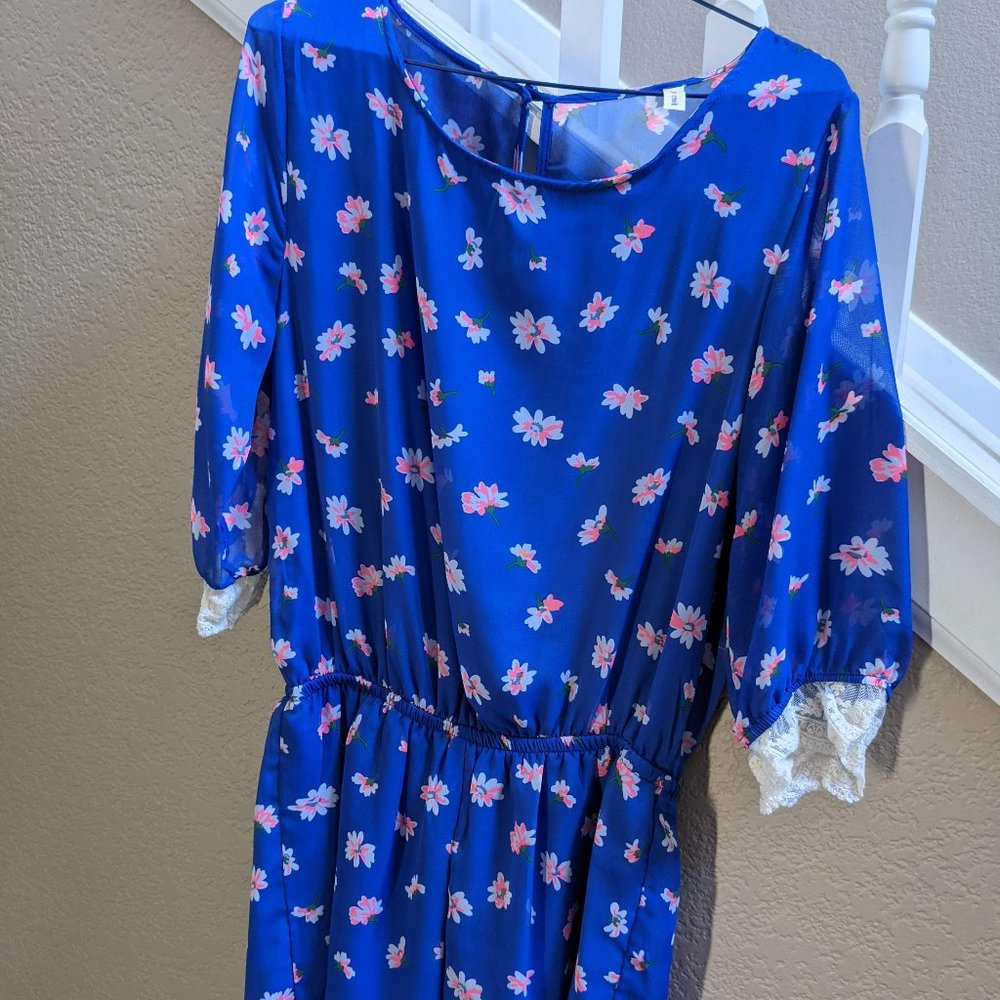 Floral crochet-accent, open-back Romper